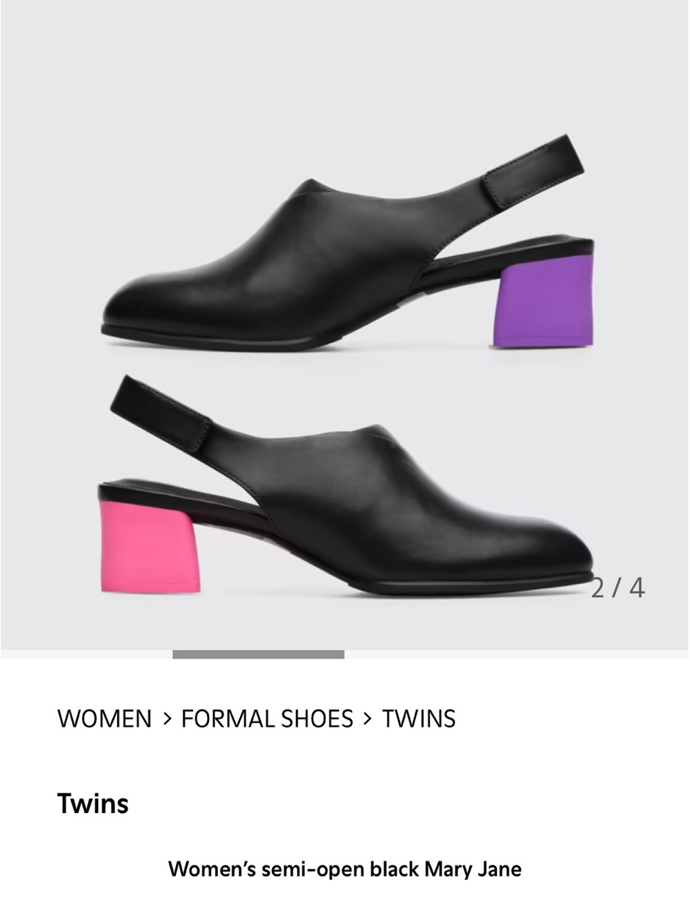Camper Twins semi-open back Mary Jane with pink and purple heels